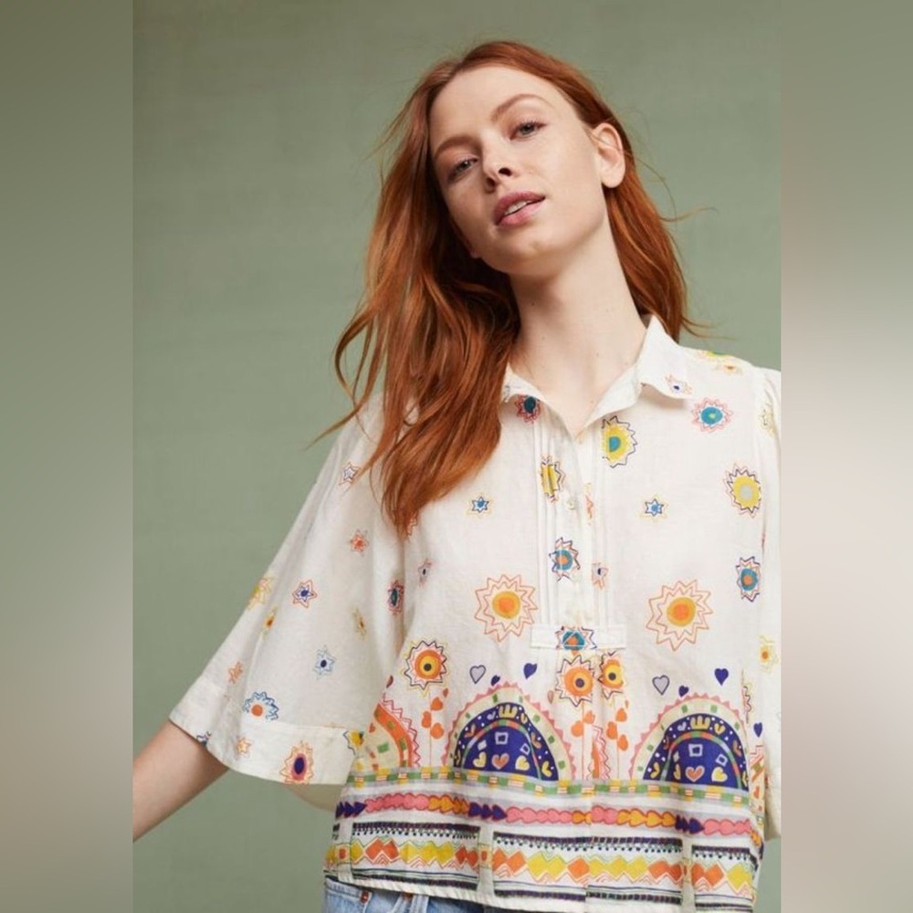 Anthropologie Maeve Eliot Popover Top Blouse Multicolor Poplin extra small
